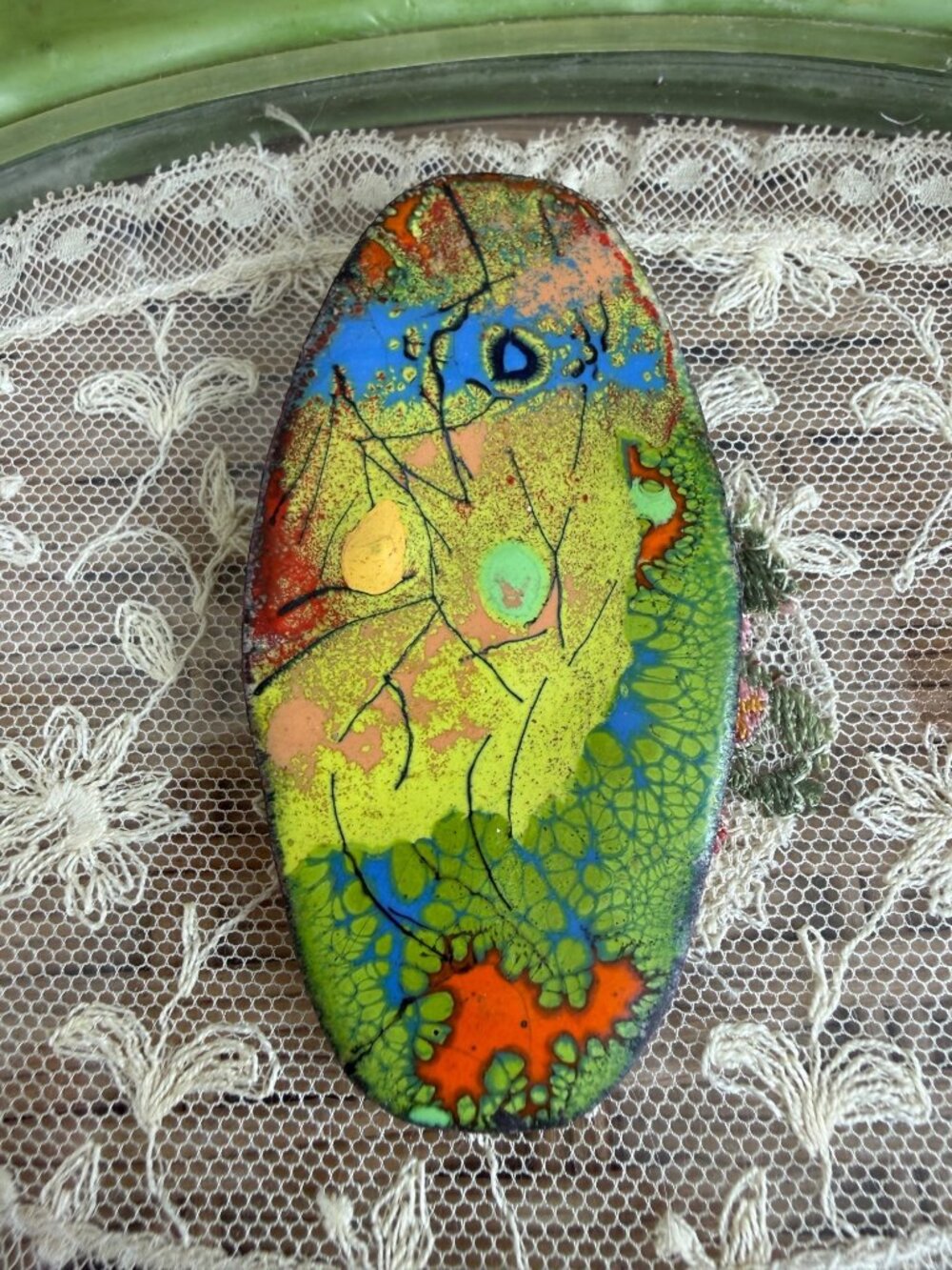 Vintage MCM Enamel Copper Brooch Pop Colors Green, Yellow Orange 3x1.5"